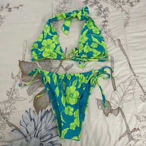 Blue and green floral bathing suit set